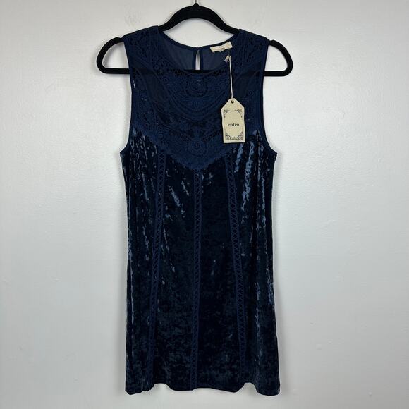 NWT Entro Womens Crochet Lace Velvet Navy Blue Sleeveless Mini Shift Dress Small - Picture 1 of 9